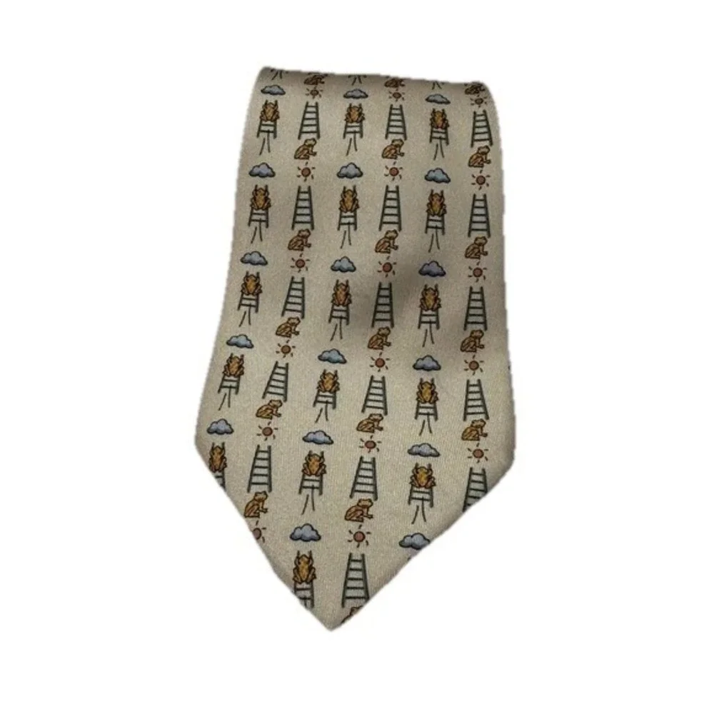 Hermes Necktie Ladder Frog Cloud Sun Print Designer Made in France Silk‎ Men's